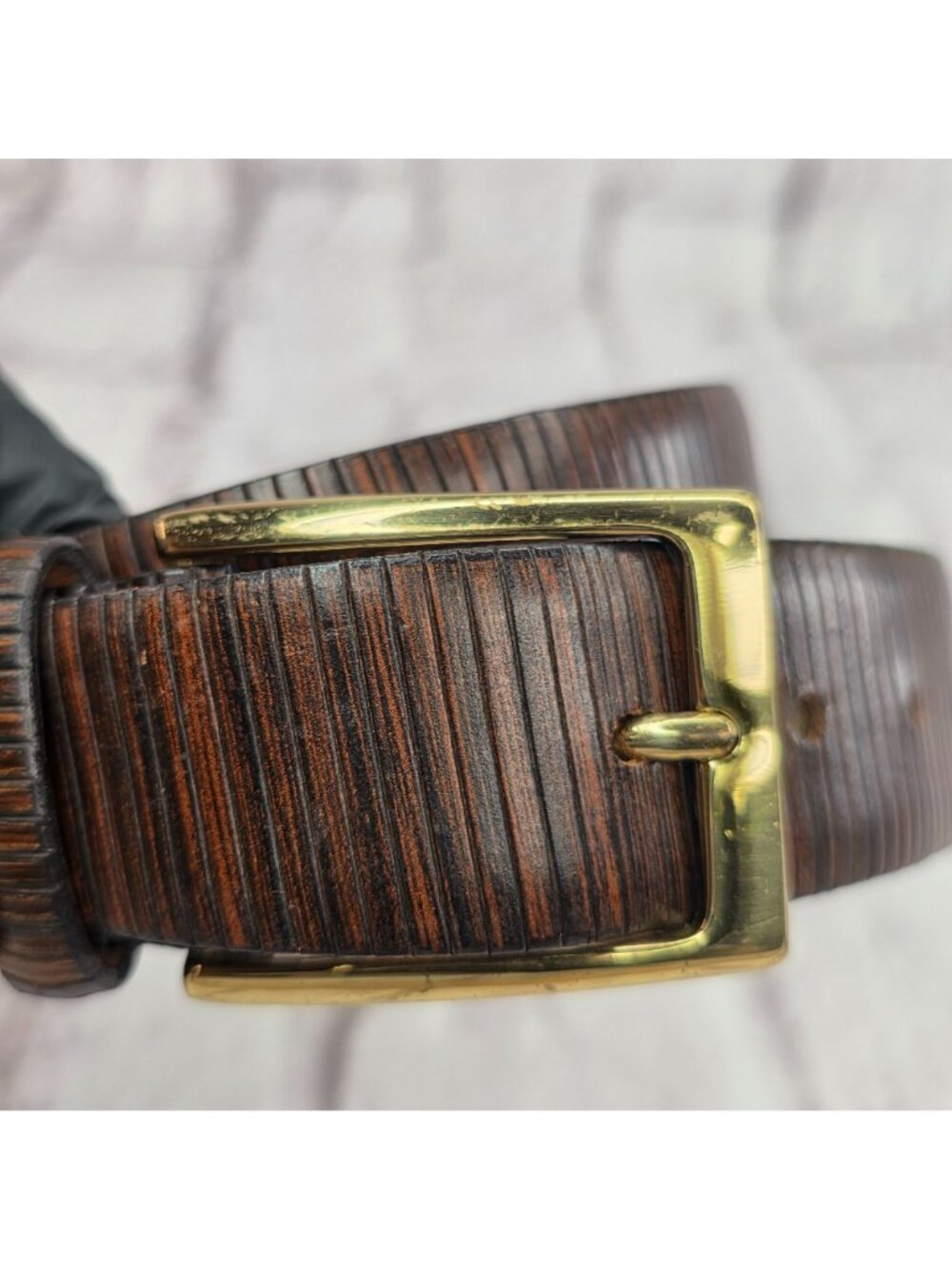 Trafalgar Leather Belt Men Size 32 Brown Gold Buckle Ribbed Texture Made In USA - Picture 5 of 10
